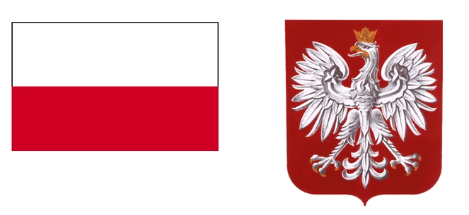 Grafika przedstawia flagę i godło Polski 