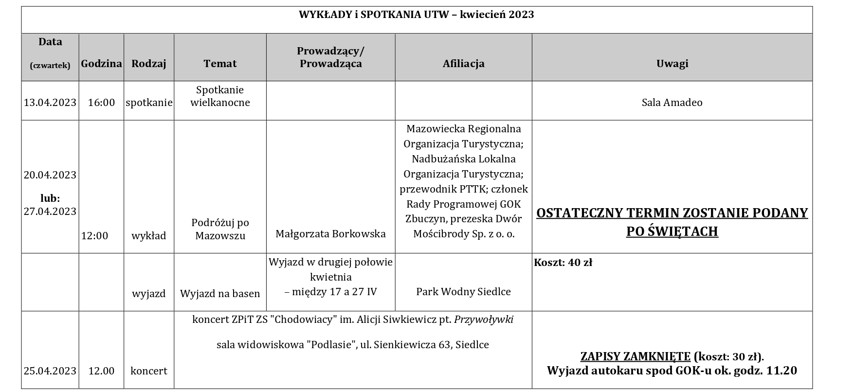 Grafika zawiera tabelę pod tytułem WYKŁADY i SPOTKANIA UTW – kwiecień 2023