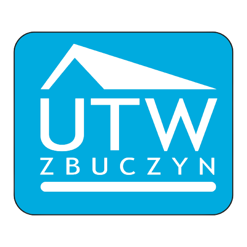 Logotyp Uniwersytetu Trzeciego Wieku w Zbuczynie - daszek domku, a pod nim duze litery UTW i napis "Zbuczyn"